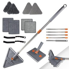 긴 손잡이가 있는 213.5cm(85인치) 벽 및 천장 대걸레 안정형 베이스보드 클리너 도구 대걸레 헤드 2개(삼각형 모서리 + 사각형) 재사용 가능한 세탁 소프트 패드