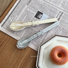 WOOWAY 可愛便攜式旅行筷勺餐具組E3-5，環保筷子湯匙組，附餐具盒，露營居家必備, 米黃, 1個, 湯匙*1、筷子*1