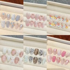 短橢圓純手工穿戴甲彩色愛心春夏裸粉色手繪清透美甲片, 1個, 1494燙金花藤,XS