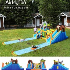 에어바운서 미끄럼틀 점핑 방방이 대형 에어 슬라이드, 블루 동물 더블 슬라이드 420x405x255cm, 1개