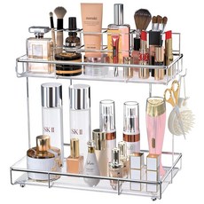 Megier 2단 크롬 욕실 정리함 조리대 장식용 소형 조리대 정리함 향신료 랙 및 간식을 위한 주방 카운터 선반 침실용 화장대 메이크업 트레이 (크롬)