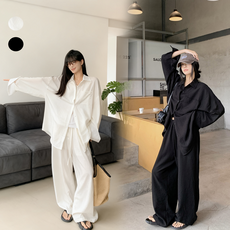 린하오 바캉스 캐주얼 루즈핏 셔츠 상의+와이드 팬츠 세트