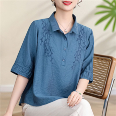 夏季新款 媽媽 刺繡 翻領 五分袖 襯衫
