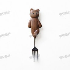 山捨丨可愛動物餐勺卡通飯匙甜品勺傢用孩子實木不銹鋼, 1個, 實木【翹腳熊餐叉】