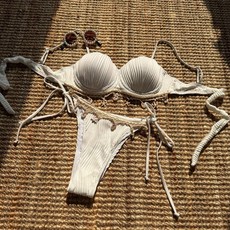 歐美新款純色貝殼花瓣硬包性感分體泳裝泳衣比基尼bikini, 白色