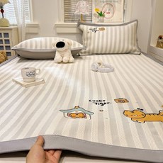 夏季卡通涼蓆三件套 冰絲空調席, 牀蓆款-吉祥奶虎,90x200cm冰絲涼蓆+枕套一隻