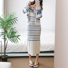 요시아나 [당일발송] 슈엘리나 배색 스트라이프 니트 가디건 끈나시 원피스 세트 2컬러