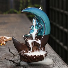 窯變藍色荷葉高山流水倒流香爐, 彎月流雲擺件
