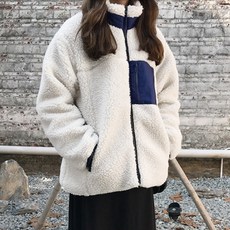 믹스블링 배색 포켓 루즈핏 집업 여성 후리스 뽀글이 점퍼