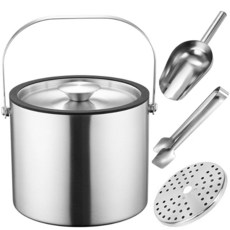 뚜껑이 있는 3L 이중벽 단열 아이스 버킷 얼음 삽 및 집게 및 여과기 와인용 실리콘 밀폐 뚜껑이 있는 스테인리스 스틸 아이스 욕조 파티용 아이스 버킷 와인 칠러 라이, 뚜껑이 있는 3L 이중벽 단열 아이스 버킷, 얼음 삽