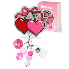 Besoar 자폐 간호사 배지 릴 - ID 클립이 있는 접이식 간호 배지 홀더 자폐 인식 이름표 카드 액세서리 사무실 학생 직장 병원용 악어 클립 포함, 발렌타인 하트 체리