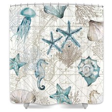 DYNH 해상 해안 샤워 커튼 블루 화이트 비치 바다 테마 욕실 조개 불가사리 산호 해파리 해마 원단 욕조 후크 포함 170.9 x 177.8cm(69 70인치)