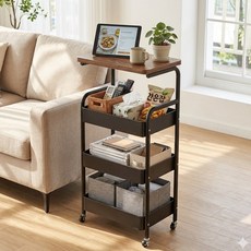 [당일출고] FOOI 이동식 4단 트롤리 철제 수납카트 바퀴형 선반 360도 회전 다용도 정리대 5시전 당일발송, 원목 화이트