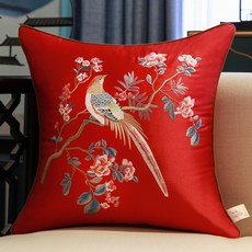 新中式刺繡抱枕 淺藍色 35*50cm 枕套, 喜上枝頭 - 紅色