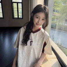 해피유통아메리칸 빈티지 배색 브이넥 반팔 티셔츠 여성 여름 루즈핏 스트릿 상의