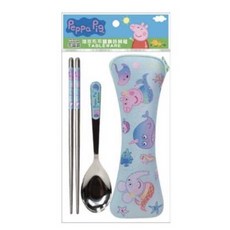 佩佩豬潛水布不鏽鋼餐具組 粉紅豬小妹304不鏽鋼餐具組 潛水布套 環保餐具組 湯匙筷子組, 藍色, 1個