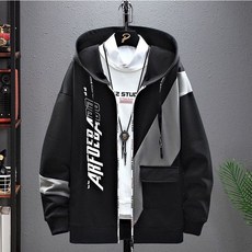 加絨加厚拼接連帽外套 薄款外套 男士衛衣 春秋季新款連帽夾克 學生潮流青少年開衫上衣