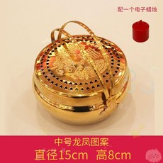 銅火銃手爐 嫁妝新娘陪嫁銅火爐 老式喬遷電子火盆 銅火囪結婚旺夫盆, 1個, 中號龍鳳銅火爐,加2電子蠟燭和1串喜流蘇