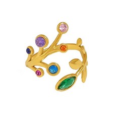 빈티지 컬러풀 CZ 리프 링 여성용 골드 톤 도금 모조 큐빅 지르코니아 조절 가능한 오픈 스테이트먼트 결혼 반지 앙증맞은 쌓을 수 있는 손가락 밴드 크리스탈 나뭇잎 졸업 보헤미