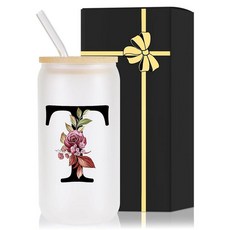 Wulcea 모노그램 유리 음료 컵 뚜껑 빨대 여성 남성 교사 크리스마스 음악 댄스 과학 데이케어 특수 교육 필요 영어 역사 주일 학교 스페인 자폐증 독서 체육관 선물 W, 글자 T