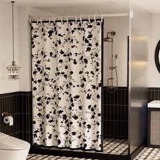 浴室浴簾 衛生間防水布套裝 免打孔 遮擋隔斷簾子 淋浴間廁所防霉窗簾, 1個, 素影尤加利葉-防水浴簾,單簾無桿 寬100高180cm