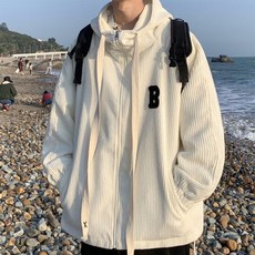 潮胖穿搭 大碼外套男 特大碼300斤 美式復古燈芯絨白色連帽外套 開衫薄款