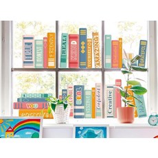 JarThenaAMCS 다채로운 책 창문 부착 영감을 주는 책 프린트 창문 스티커 동기 부여 양면 유리 데칼 개학 파티 가정 교실 도서관 벽 장식 6장, Hippie Boho Book