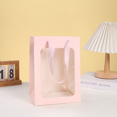 [당일출고] 쇼핑백 선물용 두꺼운 윈도우 투명창 꽃다발 화분 인형 포장지 (감사카드 엽서 증정), 10개, 핑크(중)