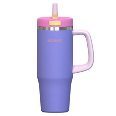 SGAKIC 원터치 보온보냉 텀블러 손잡이 차량용 대용량 빨대 물병, 퍼플로즈, 1개, 1000ml