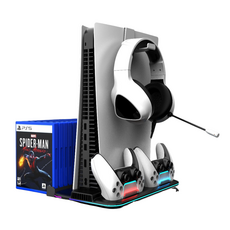PS5 Slim 多功能散熱充電底座：直立架、手把充電、卡盒收納、RGB燈條, PS5/Slim主機散熱底座【白色】, 1個