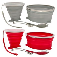 Cagelya 캠핑용 메스 키트 실리콘 접이식 그릇 접이식 컵과 스테인리스 스틸 스푼 배낭여행 야외 하이킹 여행 및 피크닉용 - 2팩, 회색+빨간색