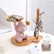 플랜와이 선물하기 좋은 인테리어 트레이 악세사리 수납함 선물포장, 6.손든 곰돌이 핑크+원목+파우치세트