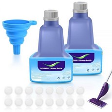 KTNAid Swiffer 습식 제트 대걸레용 리필 가능한 교체 병 2개 500ml/17온스 빈 누출 방지 HDPE 클리너 솔루션 병 실리콘 개스킷 16개 및 접이식 깔