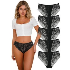 Cinvik 하이 웨이스트 여성용 브리프 레이스 속옷 팬티 심리스 여성용 브리프 섹시 블랙 속옷 5개-블랙 2XL