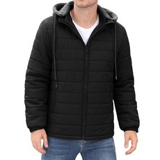 Yusongirl 남성용 경량 퍼퍼 재킷 겨울 캐주얼 퀼트 코트 탈착식 후드 방수 단열 푹신한 코트 블랙. XL