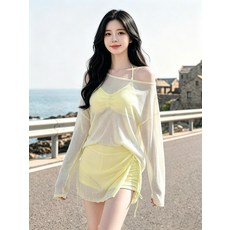 DIU 新款女士分體三件套微胖長袖罩衫保守顯瘦沙灘溫泉度假泳衣女, XL(110-125斤)
