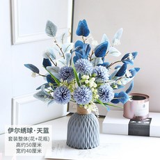 北歐風仿真花束盆栽，客廳輕奢永生花藝，桌面塑膠花瓶不凋花器，拍照裝飾品擺件，絹花假花卉家居家飾, 天藍 伊爾繡球 +灰瓶, 1個