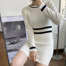 針織女款撞色線條圓領針織Veritark連身裙, 象牙白