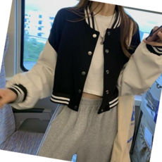 여성아우터 여성 바시티 스타디움 1컬러 배색 베이직 크롭자켓