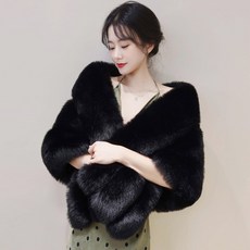 ABC KFU婚紗披肩女秋冬季仿狐狸毛新娘時尚禮服旗袍外搭高端皮草AMMO, 黑色