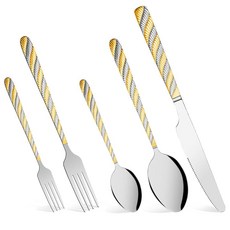 DLAND 스테인리스 스틸 실버웨어 세트 트위스트 로프 손잡이가 있는 5피스 플랫웨어 커틀러리 디너 스푼/포크/나이프 디저트 스푼 및 포크 포함 거울 광택 식기, 골드