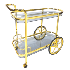 單扶手大輪橢圓酒車 - 含酒架、2色鐵管、清玻/灰玻/黑玻, 1個, 黃青銅(電鍍),灰色玻璃