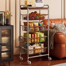 Seekfun 고급 트롤리 슬라이딩 이동식 다층 다용도 시스템 멀티 우드상판 튼튼한 철제 바구니 선반 정리, 5단