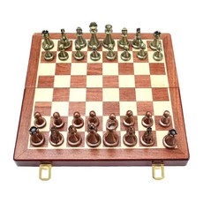 원목 체스판 금속 말 휴대용 접이식 보드 게임, 1개, 청동 모델 29x29cm