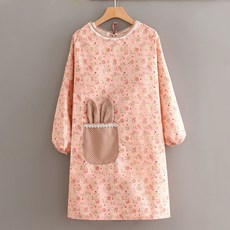 해피유통 여성용 꽃무늬 긴팔 앞치마 주방 작업복 면 소재 귀여운 디자인, 핑크【긴팔】