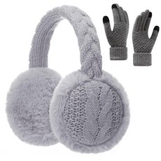 BUTITNOW 여성용 니트 퍼지 귀마개 및 터치 스크린 장갑 세트 겨울용 따뜻한 헤드밴드 이어 워머 귀마개 핑크 156144, 연회색