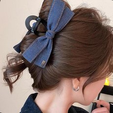 여자 데님 골드 장식 리본 집게핀 헤어핀 클립 청바지 소재 금 포인트 스타일, 1개, 데님블루