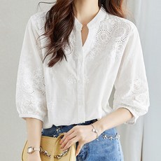 로렌미 아플리케 트임넥 7부소매 블라우스 S260305SS-23