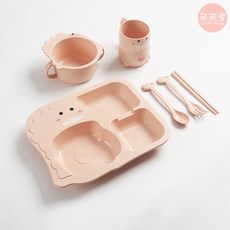 萌萌屋 【台灣現貨】恐龍造型兒童餐盤六件組 小麥秸稈餐盤 吃飯餐盤 麥秸稈碗 杯子 餐盤 餐具 兒童餐具, 1個, 恐龍餐盤六件組(櫻花粉)