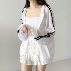 [국내제작] 데이지클로젯 리제이 입체 리본 포인트 린넨 두줄 라인 그물 시스루 오버핏 긴팔 후드집업 / 봄 여름 가을 간절기 아우터 니트 여성 여자 학생 교복템 루즈핏 빅사이즈